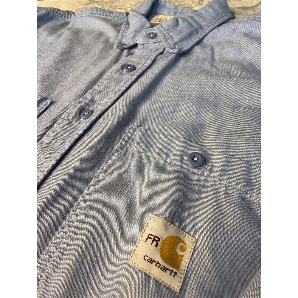 Carhartt FR Blue Buttondown, Distressed Work shirt Size Large Fire Resistant